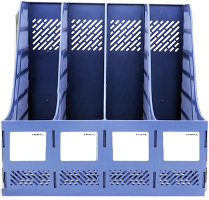 SAYEEC Sturdy Magazine Organizer Folder Desktop 4 Compartment File Holders Plastic Frames File Dividers Document Cabinet Rack Storage Box for Office Home School Blue