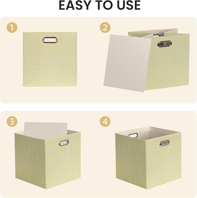 Posprica Storage Cubes, 13 x 13 x 13 Inches Fabric Bins with Double Handles，Cubes Basket Containers, For Shelf Cabinet Bookcase, Closet Organizers for Shelves, Foldable-Set of 4, Yellow/Beige mixed