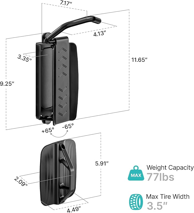 Bike Wall Mount for Garage, Holds 77lbs,Swivel Indoor Bike Storage, 1 Pack | Adjustable 65° angle for space-saving storage. Fits most bikes with tires under 3.15"H/3.5"W. Ideal for garage & entryway.