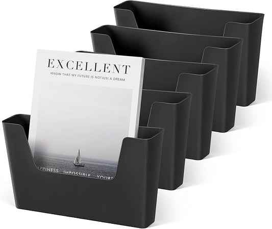 YOHOM Adhesive File Holder Plastic Document Folder Door No Drilling Mount Mail Magazine Organizer A4 Filing Envelopes Folder, Office Wall Mount Single Pocket (BLACK, 5 PCS)