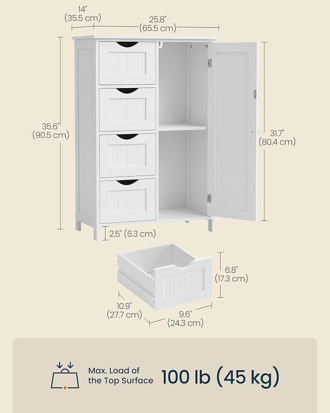 SONGMICS Home Floor Storage Cabinet, Freestanding Storage Cabinet for Bathroom, Kitchen, Living Room, 4 Drawers and Adjustable Shelf, White