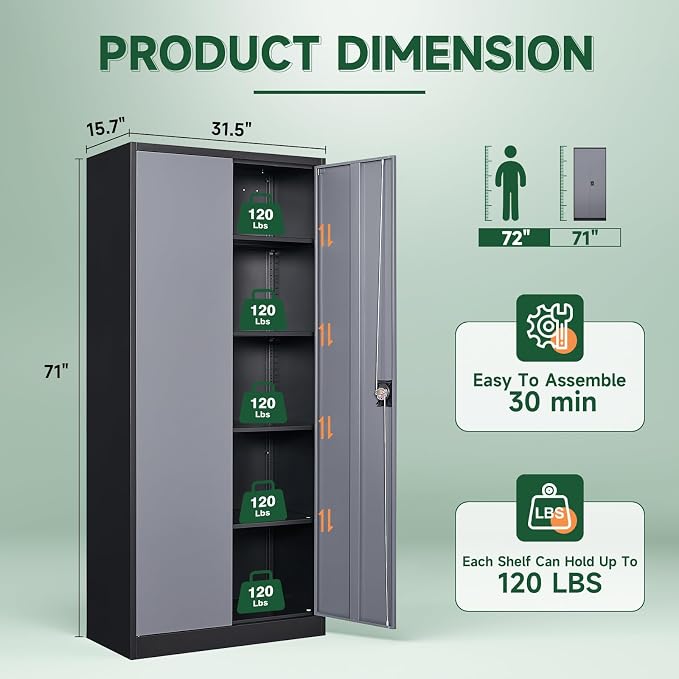 Letaya Metal Garage Storage Cabinets with Lock Door and Adjustable Shelves, Steel Tool Cabinets for Home,Office,Warehouse Organisieren (Black Gray)