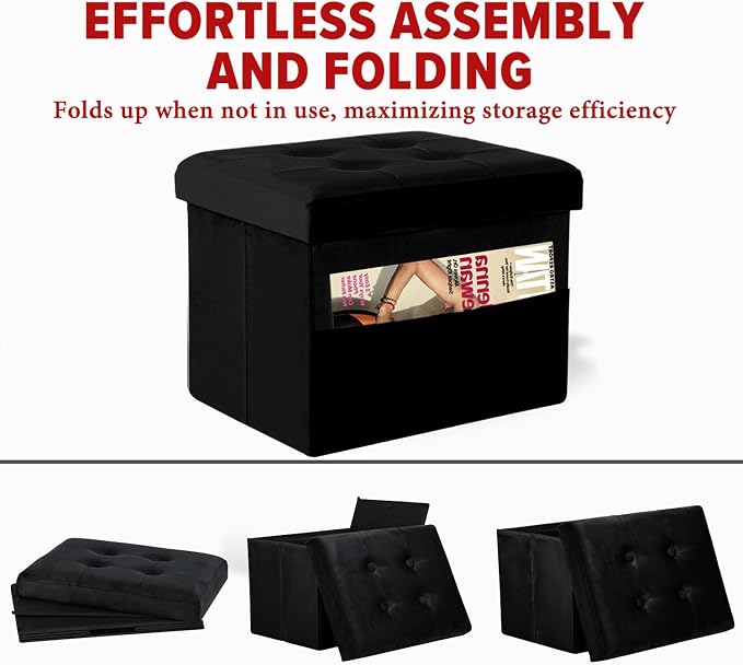 LINMAGCO Storage Ottoman Folding Foot Stool Foot Rest with Side Pocket Modern Ottoman with Storage Short Sofa Stool Velvet 17x13x13(Black)