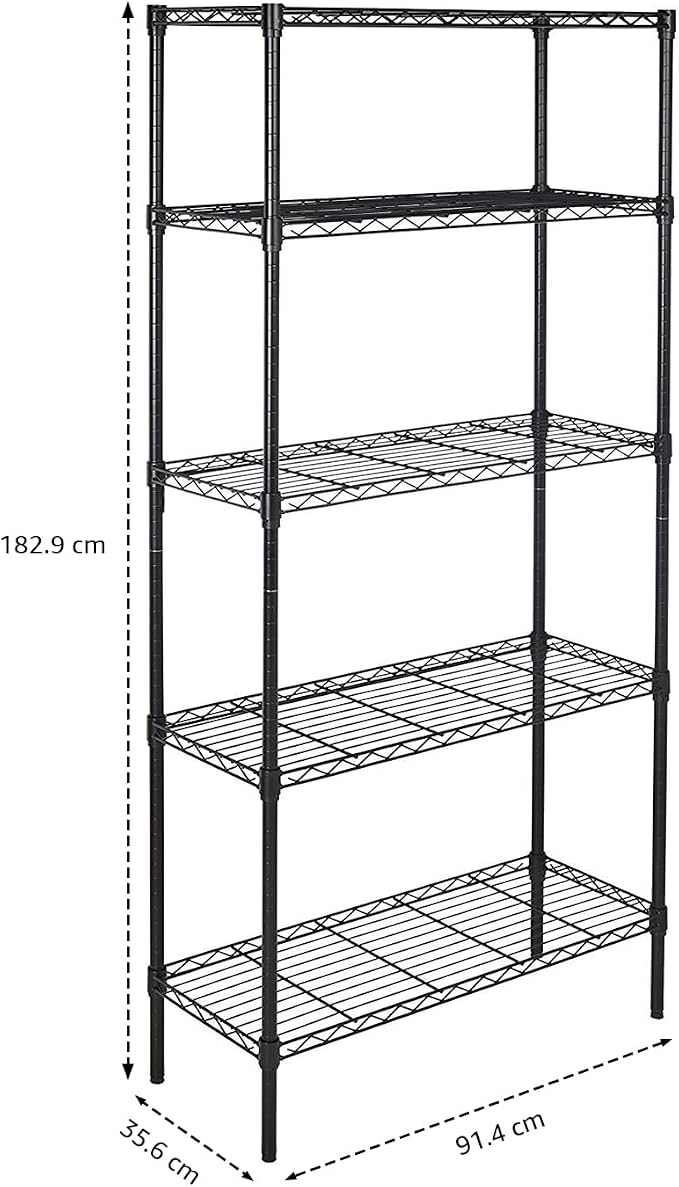 Amazon Basics 5-Shelf Adjustable Heavy Duty Steel Wire Storage Shelves for Garage, Kitchen, Easy Assembly, 36" x 14" x 72", Black