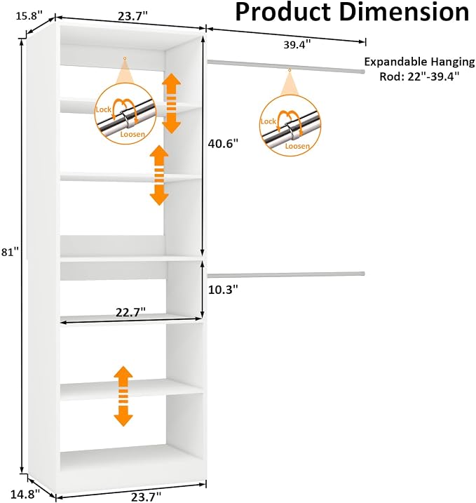 Modular Closet Systems with Adjustable Shelves and Expandable Side Rod, DIY Custom Closet Organizer System for Walk In Closets, Walkin Closet System Tower Unit