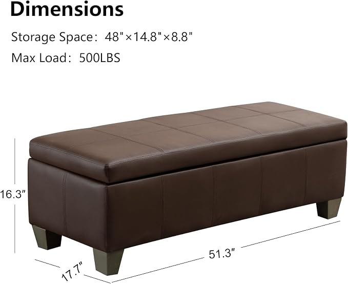 51 Inch Storage Ottoman, Storage Bench with Safety Hinge, Upholstered Synthetic Leather Ottoman Bench for Bedroom, Living Room, Entryway, Hallway, Foot Rest, Support 500lbs, Brown