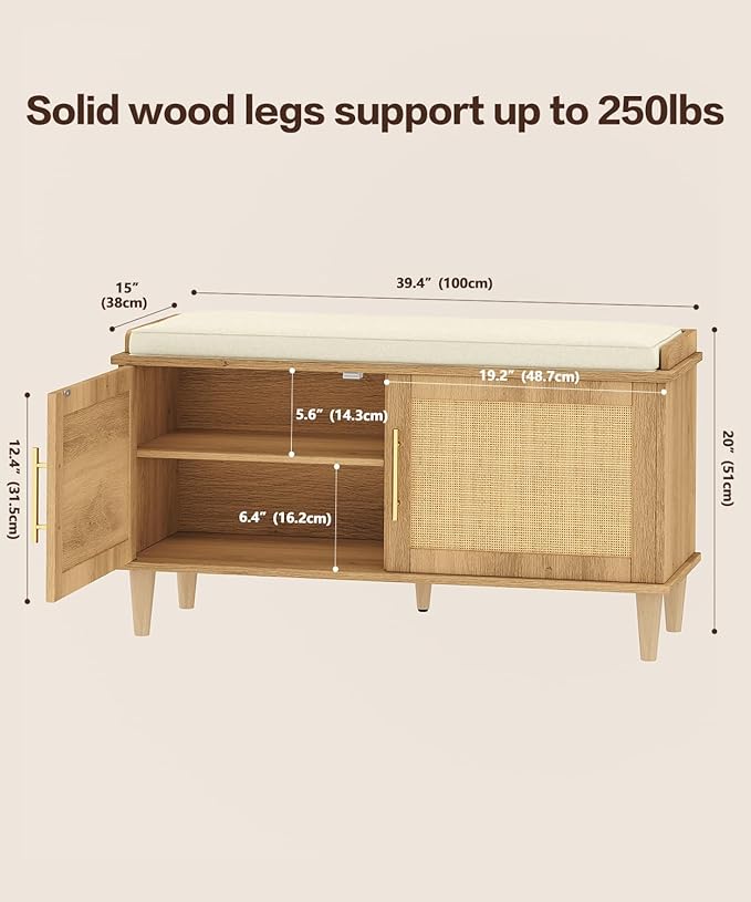 Akxomel 39.4" Rattan Shoe Storage Bench 2 Doors Wooden Entryway Bench Oak | 2 Tier Shoe Bench with Padded Cushion, Adjustable Shelves and 2 Doors, Solid Wood Legs, for Hallway, Living Room, Bedroom