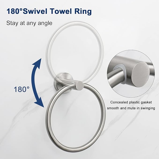 NearMoon Bath Towel Ring, Bathroom Hardware Accessories-Thicken Stainless Steel Hand Towel Holder for Bathroom, Modern Round Towel Hanger Wall Mounted (Brushed Nickel, 2 Pack)