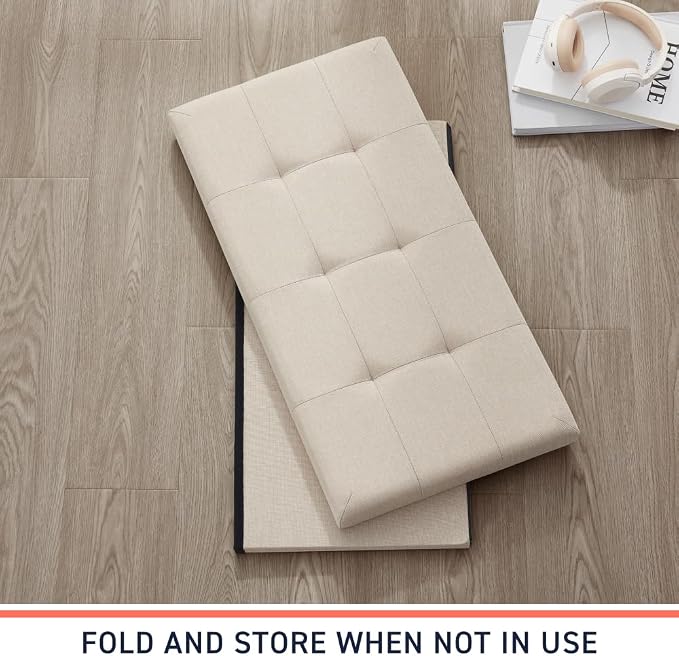 Ornavo Home 30 Inch Folding Storage Ottoman Bench, Tufted Linen, Beige | Upholstered Large Ottoman with Lid; Foot Rest Stool; Ideal for Bedroom, Living Room or Entryway