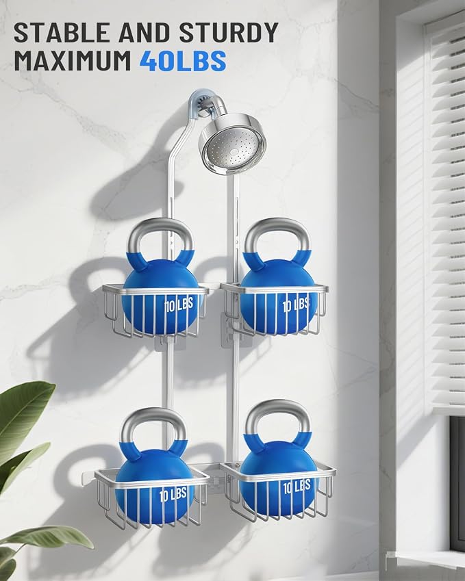 Adjustable Shower Caddy Hanging for Handheld Showerheads - Never Rust Shower Hanging Organizer, Upgraded Bathroom Shower Rack with Soap Basket, Hooks and Toothbrush Holder (Silver)
