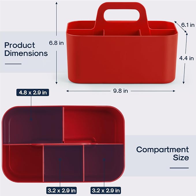 Multiuse Caddy Organizer with Handle, Portable Divided Plastic Tote Bin - Art Craft, Stationary Pen Marker Crayons, Makeup Hair Supplies Storage - Bathroom, Classroom, Dorm, Office, Desk Holder - Red