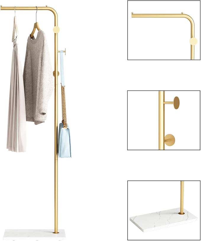 Gold Coat Racks with 3 Hooks, L Shape Coat Hanger Entryway, Freestanding | Metal, Heavy Duty Marble Base, Modern Coat Tree