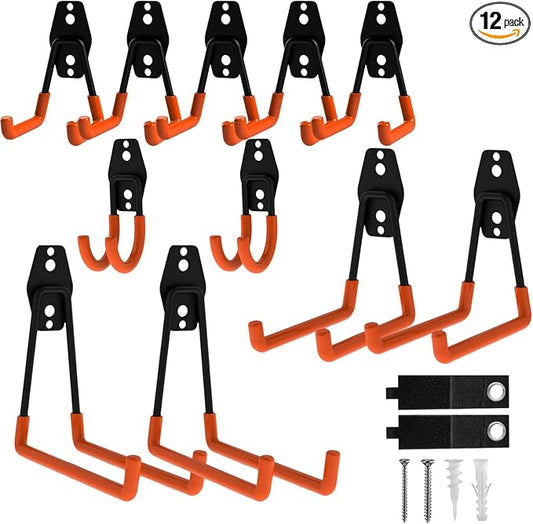 Garage Hooks, 12 Pack Wall Hooks for Hanging Heavy Duty Ladders, Bikes, Tools Ideal for Garage, Garden, Basement Utility Room Storage (Orange)