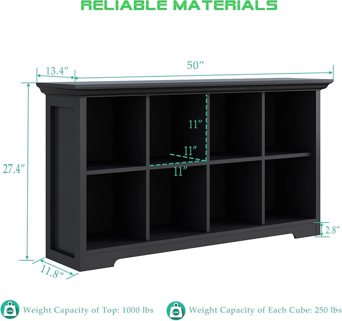 OSCHF 8-Cube Open Bookcase with Base, 2-Tier Low Cabinet, Black | Curved Base, Crown Molding, Fits 11×11" Bins, Modern Bookshelf for Living Room, Bedroom, Home Office, TV Stand Storage
