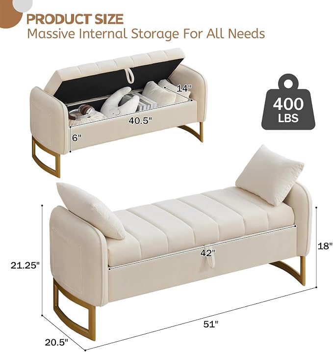 End of Bed Storage Bench, 51'' Velvet Storage Benches for Queen Size Bedroom Foot of Bed, Storage Ottoman Bench with Golden Legs and Pillow for Living Room Window Entryway, Cream