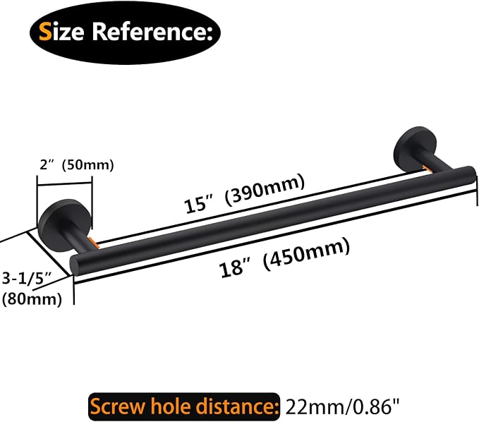 Matte Black SUS304 Stainless Steel Bath Towel Bar Single Bars Towel Rack Rod Classic Wall Mounted Bathroom Towel Holder Toilet Kitchen Towel Shelf Single Layer, 18 inches.