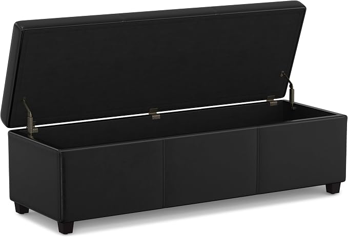 SIMPLIHOME Castleford 48" Wide Linen Look Fabric Storage Ottoman in Grey | Contemporary lift-top ottoman with high-density foam; rectangle storage bench or coffee table for living room or entryway.
