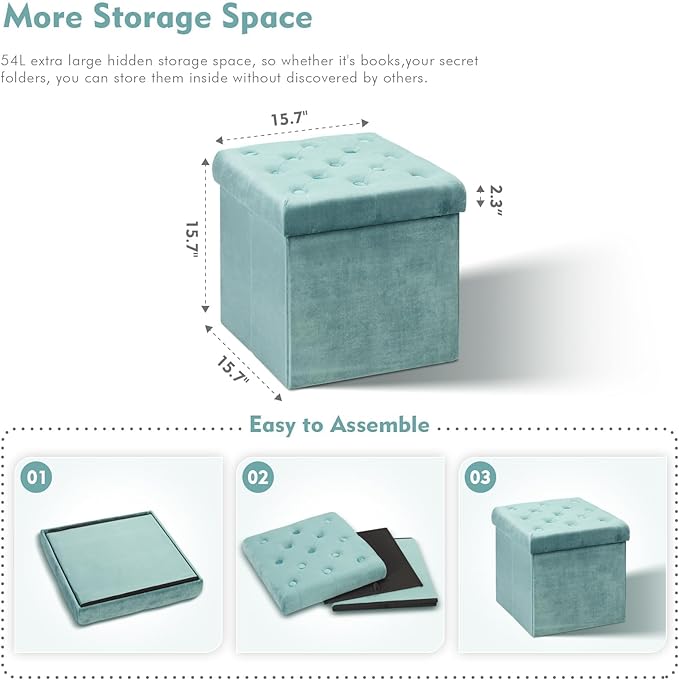 B FSOBEIIALEO Storage Ottoman Cube Velvet Tufted Folding Ottomans Footstool Rest Seat with Removable Lid (Teal, Medium)