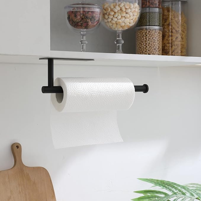 theaoo Under Cabinet Paper Towel Holder for Kitchen, Adhesive, 2 Pack Black | Self-Adhesive or Screw Mount for Cabinets and Walls; Durable SUS304 Stainless Steel Fits Standard and Jumbo Rolls