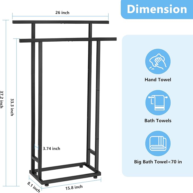 Standing Towel Racks for Bathroom, 2 Tier Bathroom Floor Free Standing Towel Rack, Tall Enough Pool Bath Drying and Dispaly Outdoor Stand for Storage, Black Freestanding Blanket Holder, ALHAKIN