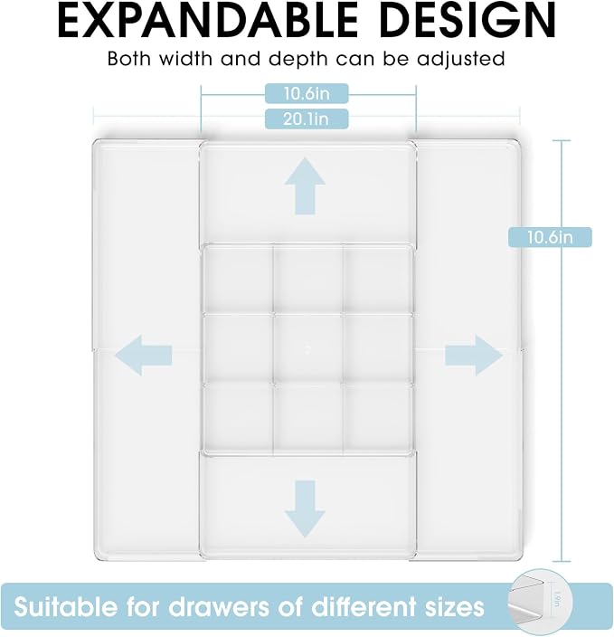 Expandable Makeup Drawer Organizer, Clear Silverware Drawer Organizer Tray. | Width (10.6"-20.1") Depth (11"-20.1") Height1.9", with 6 Removable Dividers, Great for Cosmetic,Utensils,Stationery,Office