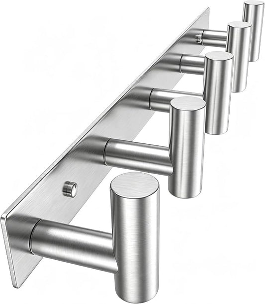 Wall Mounted Coat Rack-5 Hooks, Heavy Duty Stainless Steel Wall Hooks for Towel Coat Bag, Hat Rack Coat Hanger Coat Hooks Towel Racks for Bathroom Entryway Kitchen Hotel (Silvery, 1 Pack)