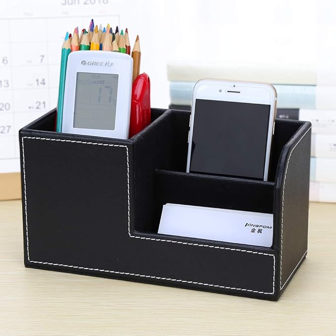 Desk Organizer Office Supplies Caddy Pu Leather Multi-function Storage Box Pen/Pencil,Cell phone, Business Name Cards Remote Control Holder Black