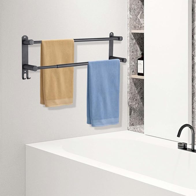 Black Double Towel Bar，Stretchable Double Towel Holder | Stainless steel bathroom towel rack, stainless steel towel holder, suitable for bathrooms and kitchens