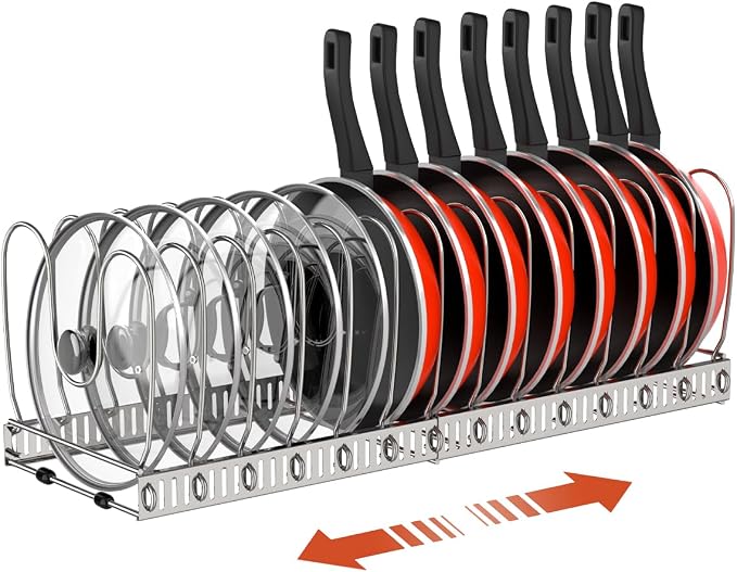 Housolution Pot and Pan Lid Organizer Holder Storage Rack, Silver | 12"-23" Expandable, 14 Adjustable Dividers, Sturdy Stainless Steel Construction, Easy Assembly