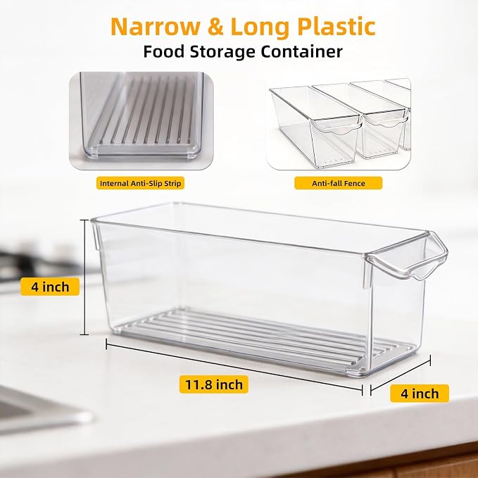 4 Pack Slim Fridge Organizer Bins, BPA Free Clear Refrigerator Storage Containers, Clear Pantry Organization & Cabinet Bins with Handles, Narrow Freezer Bin for Kitchen, Mini Fridge
