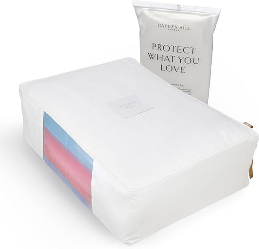 Hayden Hill Luxury Organic Cotton Sweater and Blanket Storage Bag 20 Inch | Fits 9 Fine Knits or 2 Blankets, Breathable, Moth Proof, Garment Storage Bag For Cashmere, Certified Carbon Neutral, White