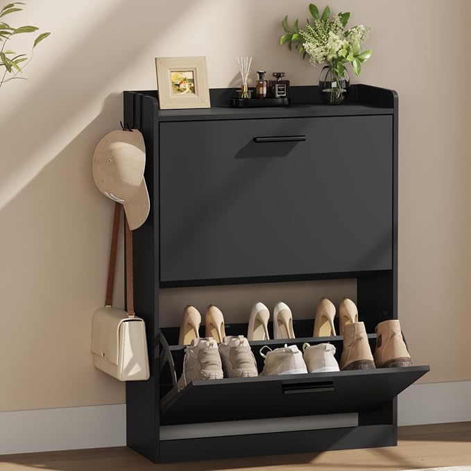 Shoe Cabinet Organizer with 2 Flip Drawers,Narrow Shoe Rack 23.6" W White | Freestanding shoe storage cabinet for entryway,foyer and hallway,slim design and space-saving flip drawers