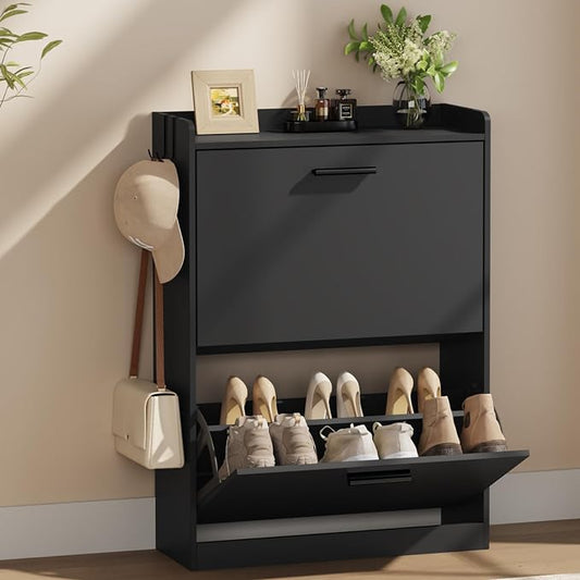 Shoe Cabinet Organizer with 2 Flip Drawers,Narrow Shoe Rack 23.6" W White | Freestanding shoe storage cabinet for entryway,foyer and hallway,slim design and space-saving flip drawers