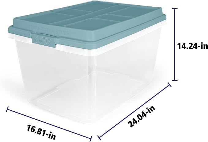 Hefty 72 Quart Hi-Rise Storage Bin with Lid, Stackable Plastic Container Tote for Home, Office, and Classroom Organization, 6 Pack, Smoke Blue