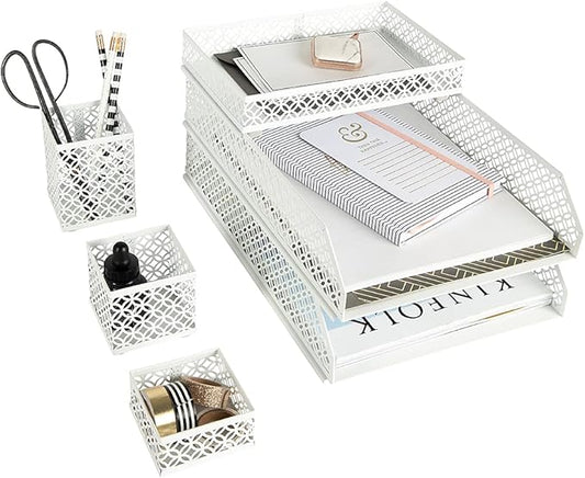 BLU MONACO | White Desk Organizer Set | 6 Piece Metal Desk Organizer with Pen Cup, Accessory Trays, and Letter Trays | Desk Organizers and Accessories for Office