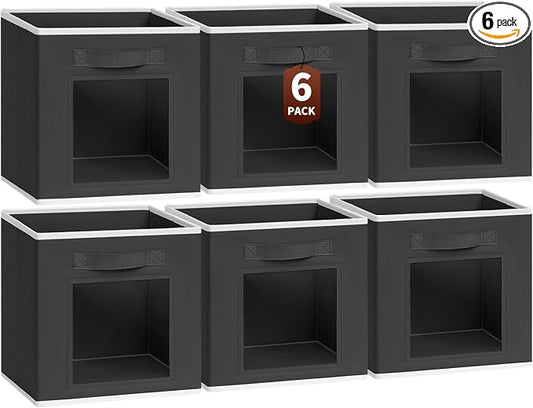 Cube Storage Bins - Fabric Shelves for Closet Organization, Foldable Storage Bins for Clothes, Decorative Storage Baskets with Window for Home, Set of 6, Black