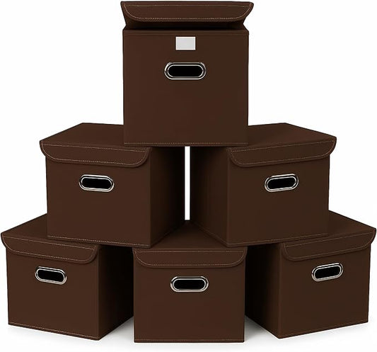 Closet Organizers Fabric Storage Bins With Lids Collapsible Cube Storage Organizer Basket With Handles,Storage Boxes for Clothes Storage,Office,Laundry,Shelves,6 Pack,（Coffee）