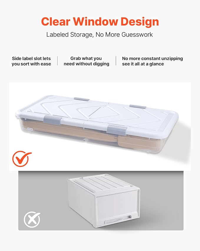 VEVOR Under Bed Storage with Wheels, 39.8 x 20.1 x 5.9 inch Underbed Containers, Underbed Shoes Organizer with Lid & Gray Latch, Rolling Under the Bed Storage Bins for Clothes Shoes Blankets, 2 Pack