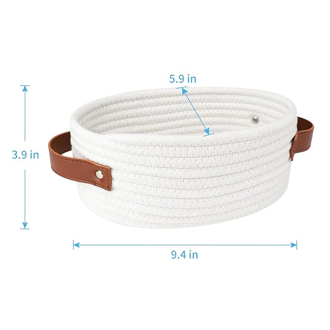 ABenkle Small Woven Basket, Mini Cotton Rope Storage Basket, Tiny White Easter Basket, Oval Decorative Toy Dog Cat Basket for Nursery, Empty Gift Baskets, 9.4" x 5.9" x 3.9" XS