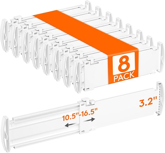 Lifewit Drawer Dividers for Clothes, 3.2" High 10.5"-16.5" Expandable Dresser Drawer Organizers, Adjustable White Plastic Separators for Kitchen, Cabinet, Nursery, Socks & Underwear Storage, 8 Pack