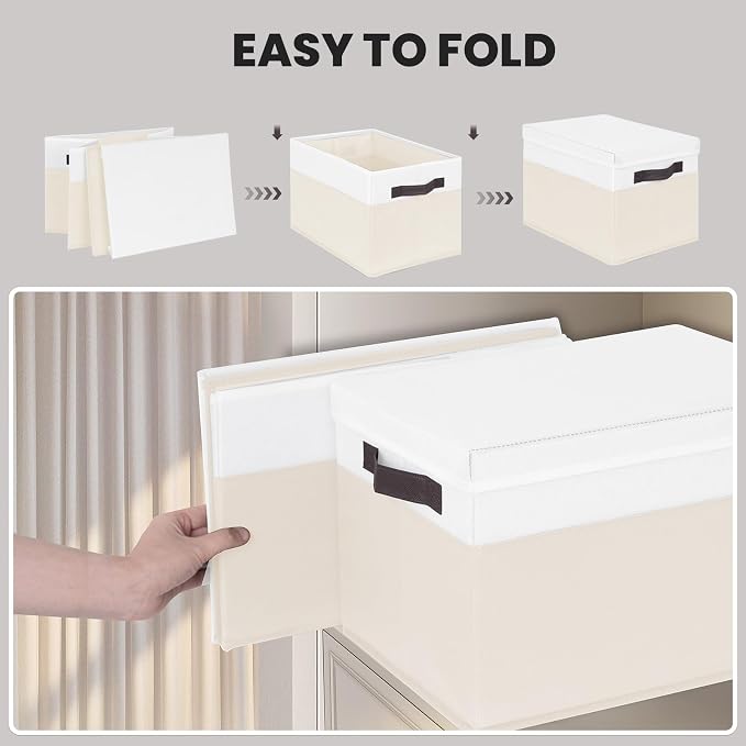 Large Nursery Closet Organizer Bins with Lids 4 Pack - 23 QT Decorative Storage Baskets for Living Room Bedroom Shelf - Stackable Storage Boxes with Lids Handles for Clothes Sweater Book Towel Purse