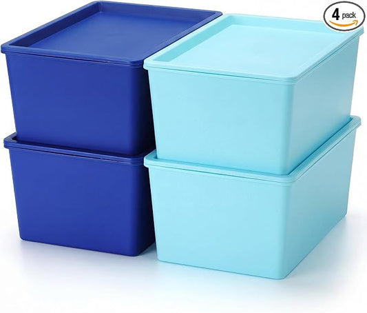 4 Pcs Storage Bins with Lids Plastic Stackable Containers for Classroom Room Organizing Shelves Christmas Ornament Box Baskets(Dark Blue, Light Blue,Large)