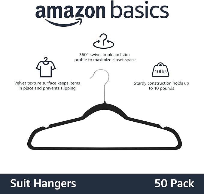 Amazon Basics Slim Velvet Non-Slip Space Saving Suit Clothes Hangers, Closet Organizer, Black, 50-Pack
