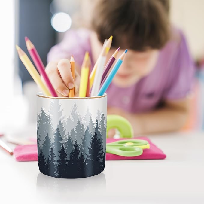 Large Capacity Pen Pencil Holder for Desk, Ceramic Pens Cup Cute Makeup Brushes Holder, Unique Desk Multifunctional Pen Organizer for Home, Office, and School, Forest Pattern