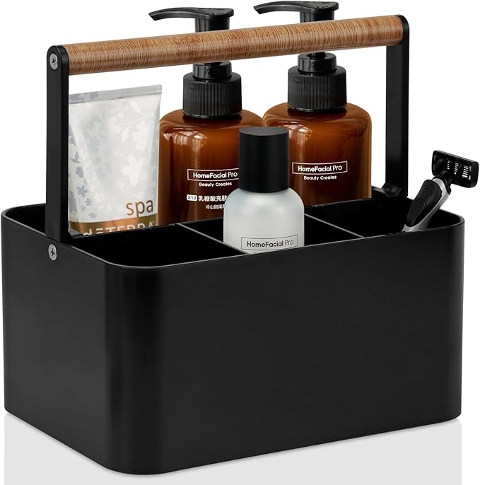 BYUNER Portable Shower Caddy Dorm: Bathroom Caddy Organizer with Handle and Adjustable Dividers,Plastic Shower Basket for Toiletry,Makeup,Vanity,Shower Storage Tote for College, Cleaning Caddy, Black
