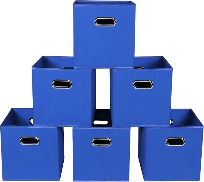 Fabric storage bins Cubes, Fabric Cube Organizer with Handle, Foldable Cube Bins for Cloth or Accessary Storage, 11x11x11, Set of 6, (Dark Blue)
