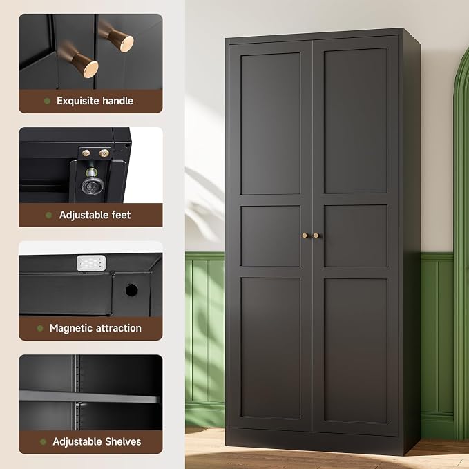 Letaya Black Storage Cabinet with Adjustable Shelves-Metal Home Kitchen Pantry Cabinets with Doors,Organization Locker for Cupboard/Bedroom/Dining/Living/Bathroom/Office/Garage Room