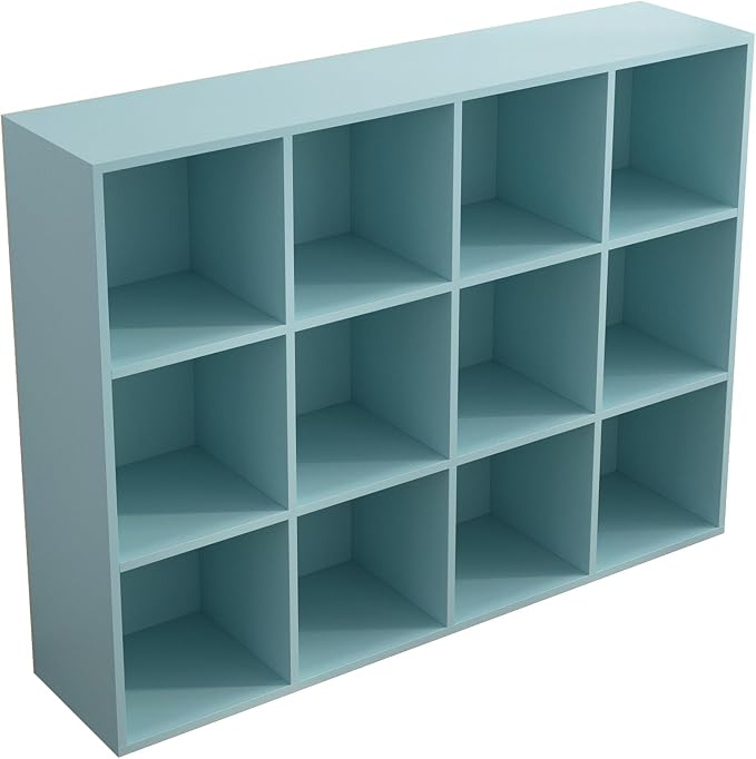OSCHF 12-Cube Storage Shelf Bookcase, Light Blue | Wooden 3-Tier Open Bookshelf, Fits 11×11" Bins, Vertical or Horizontal Use, Full Back Panels, For Home Office