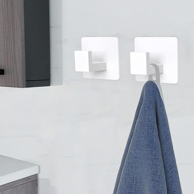 VAEHOLD Wall Towel Hooks, Heavy Duty Sticky Holder Waterproof Towel Hooks for Hanging Coat, Clothes, Closet Hook Wall Mount for Kitchen (White, 4 Pack)
