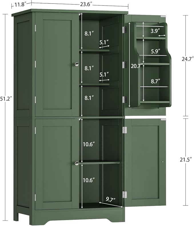 51" H Pantry Cabinet with 4 Doors, Kitchen Cabinet with 6 Door Shelves, Kitchen Pantry for Living Room, Dining Room, Bathroom, Green